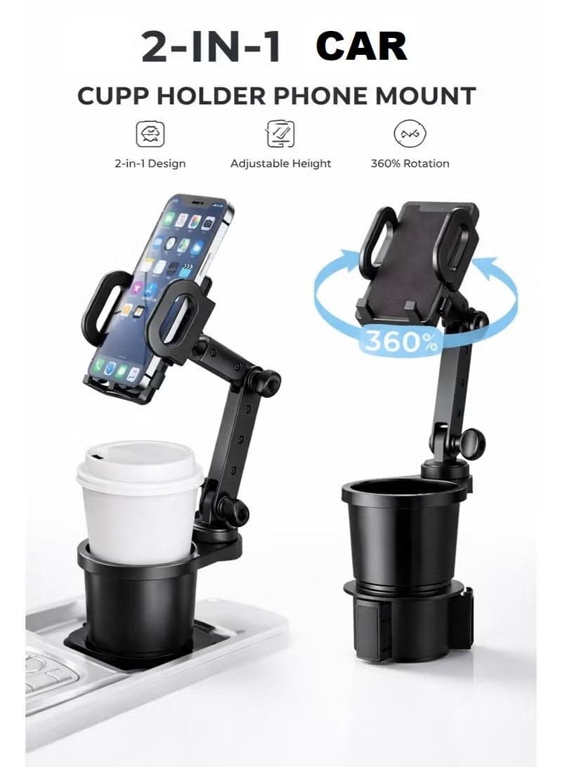 2-in-1 Car Cup Holder & Phone Mount for Car Long Arm with 360°Rotation Cup Holder Cell Phone Holder for Car Compatible with All Smartphones.
