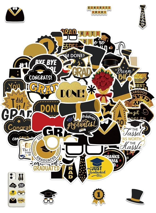 52PCS Cool Graduation Stickers for Teens Adults, Graduation Party Decorations, Black and Golden Graduate Waterproof Vinyl Stickers for Water Bottle Laptop, Teachers Stickers