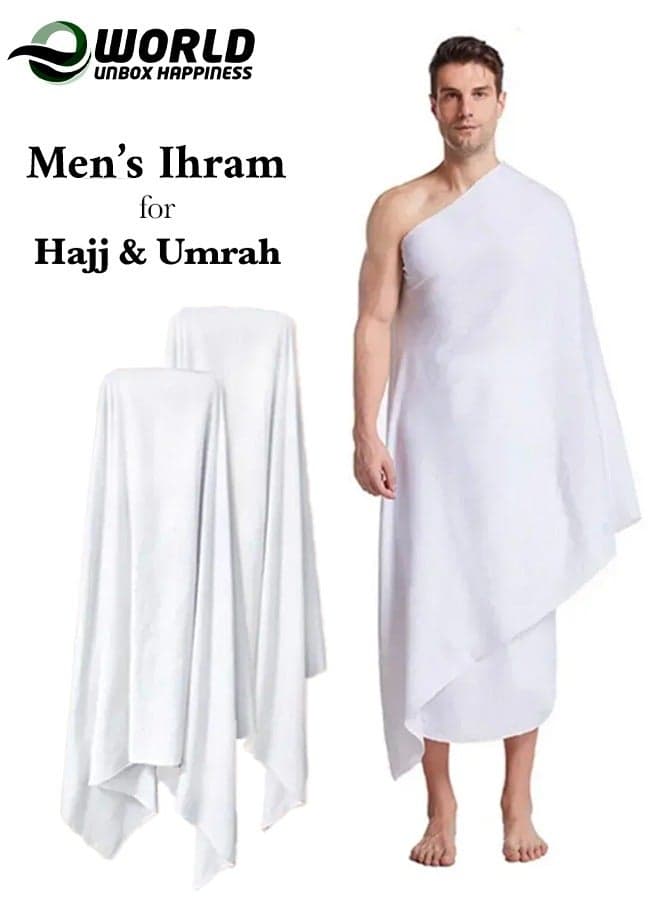 Ihram Towel - 2-Piece Islamic Men's Towel - Soft Ihram Ahram Ehram Towel - Absorbent Ritual Towel - Hygienic Pilgrimage Towel - Comfortable Hajj Towels - Lightweight Umrah Essentials – White
