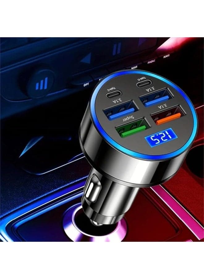 Car Charger 2 PD 4 USB Super Fast Charge 66W Car Charger Fast Charge with LED Light Display Car Charger Adapter Black