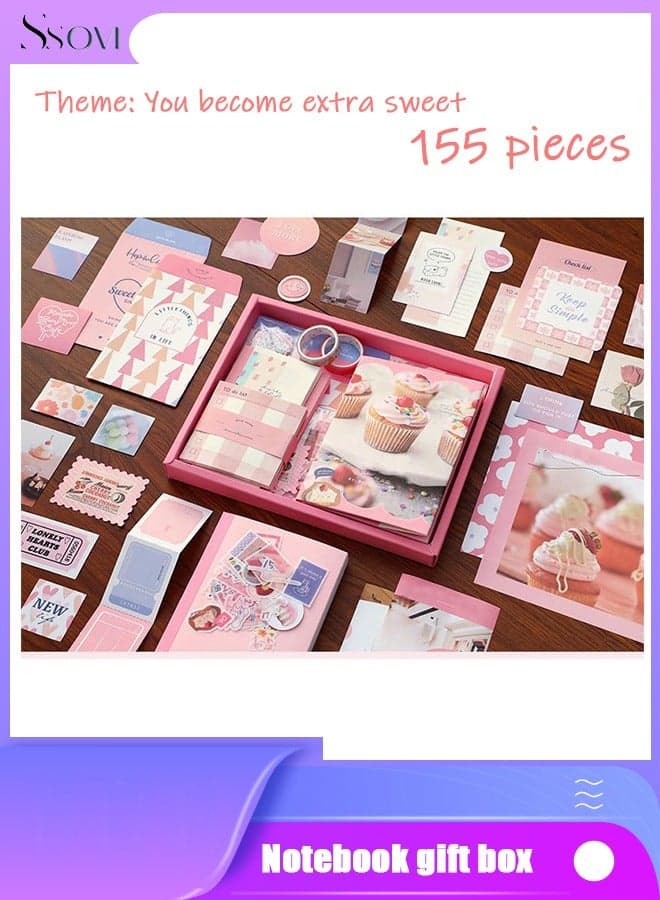 155-piece Gift Box A6 Notebook Poster cover Notepad Background Paper Daily Sticker PET Sticker Paper Photo Frame Card Cute Gift(Pink)
