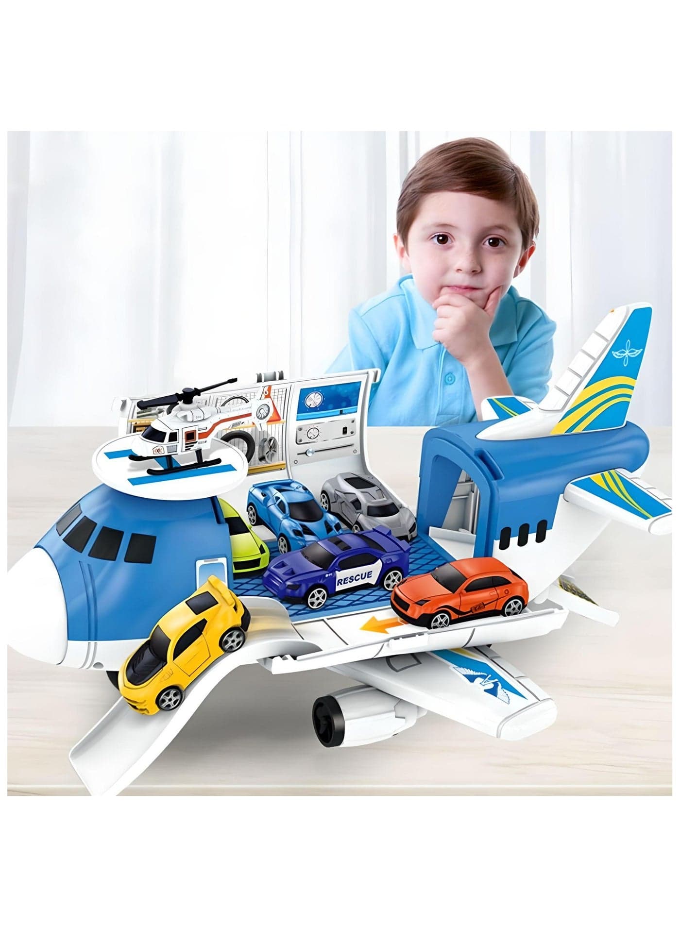 Cargo Plane Toy Play Set for Kids - Includes 1 Helicopter and 4 Cars - Diecast Aircraft - Transport and Cargo Carrier