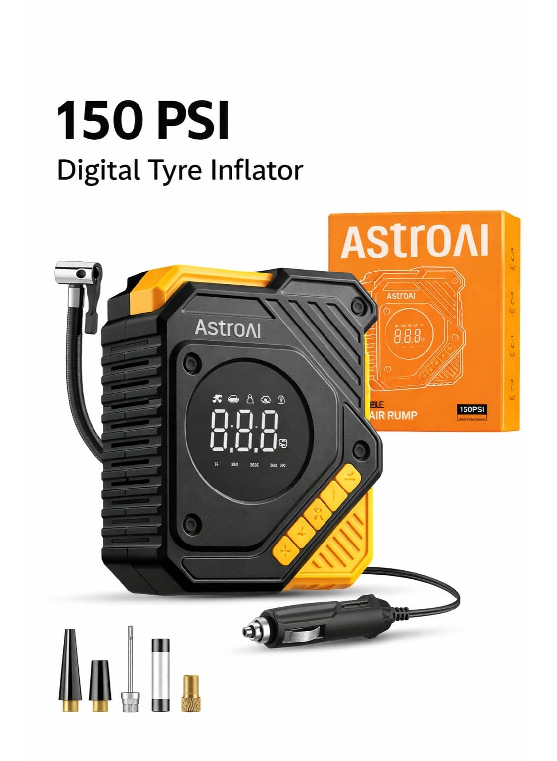 AstroAI Tyre Inflator Air Compressor 12V DC, Digital Car Tyre Pump 150 PSI, Preset Tyre Pressure & Auto Shutoff, Electric Air Pump for Car Tyres, Bicycles, Other Inflatables (Yellow) for Gifts