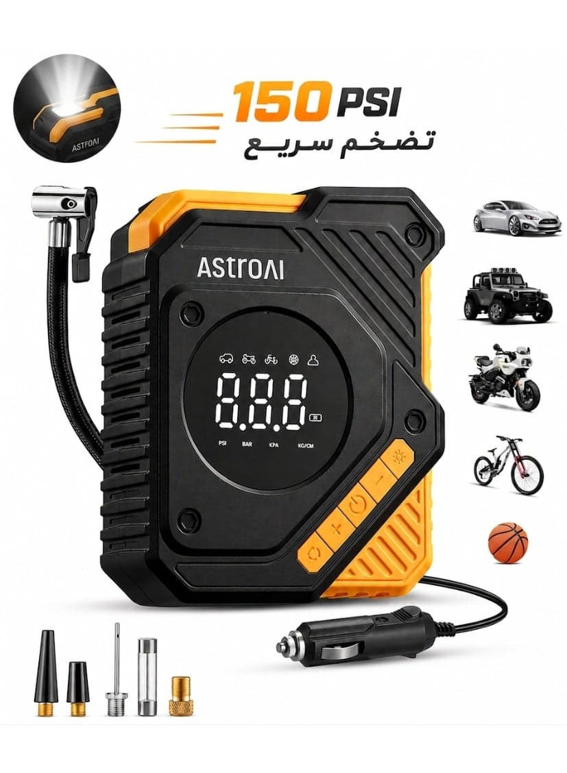 AstroAI 150 PSI Fast Inflation Tyre Inflator Air Compressor, Smart Preset & Auto Stop, High-Precision Digital Gauge, Large LCD Display, LED Light, 12V Portable Air Pump for Car, SUV, Motorcycle, Bicycle & Ball