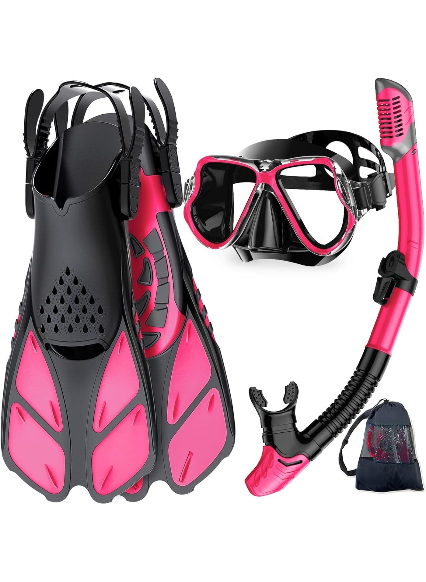 Mask Fin Snorkel Set with Adult Snorkeling Gear, Panoramic View Diving Mask, Trek Fin, Dry Top Snorkel +Travel Bags, Snorkel for Lap Swimming