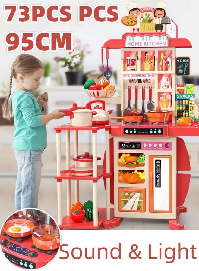 73 Pcs Kids Play Kitchen Set,Toddler Kitchen Playset with Sound & Light,Cooking Stove with Steam,Play Food Toy and Kitchen Accessories,Play Sink,Pretend Kitchen Toy for Girls Boys