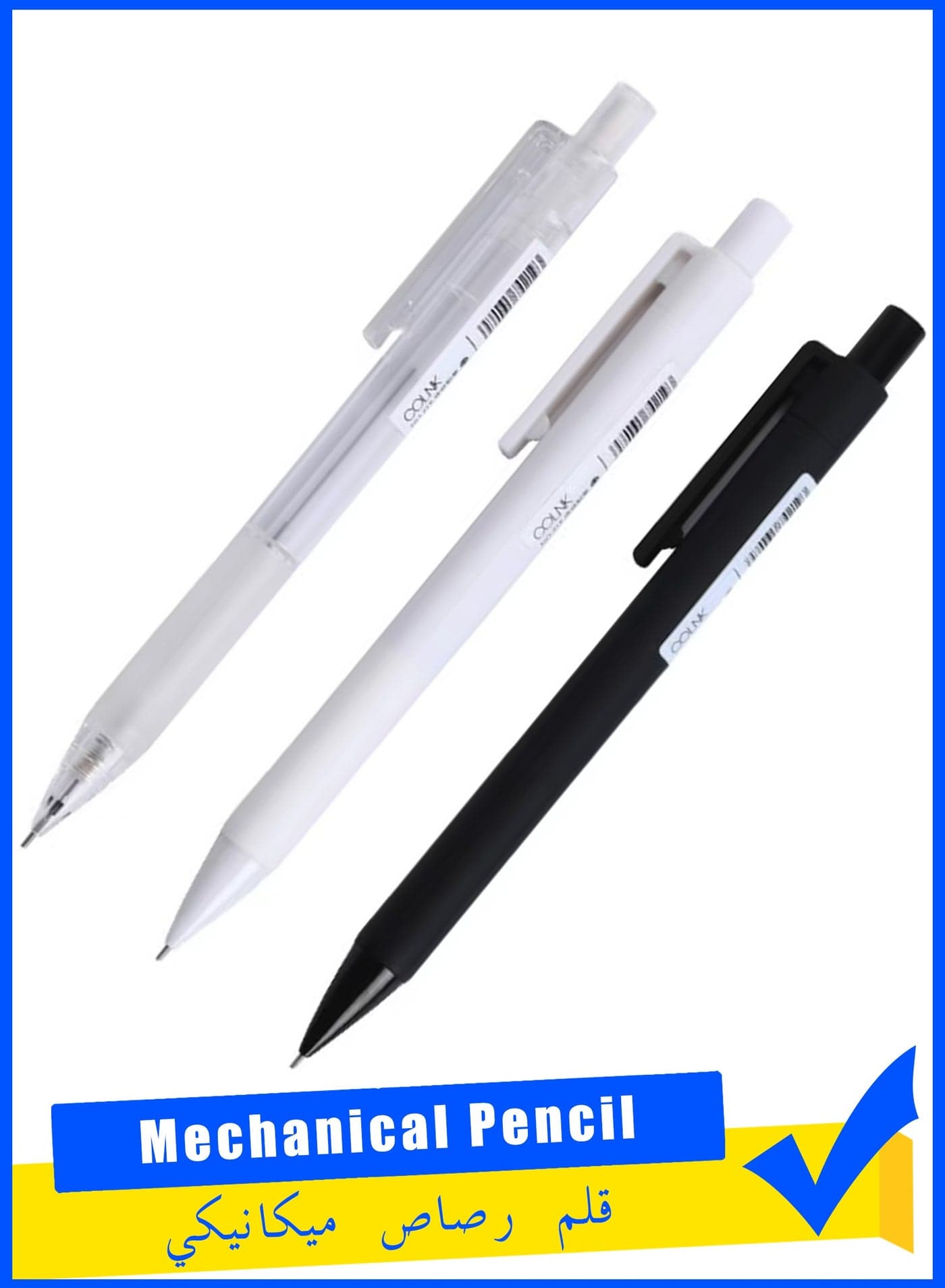 3 Pack Mechanical Pencils Fine Point 0.5mm with Eraser, Black Barrel Refillable Drafting Pencil with Soft Grip (Black/White/Clear)
