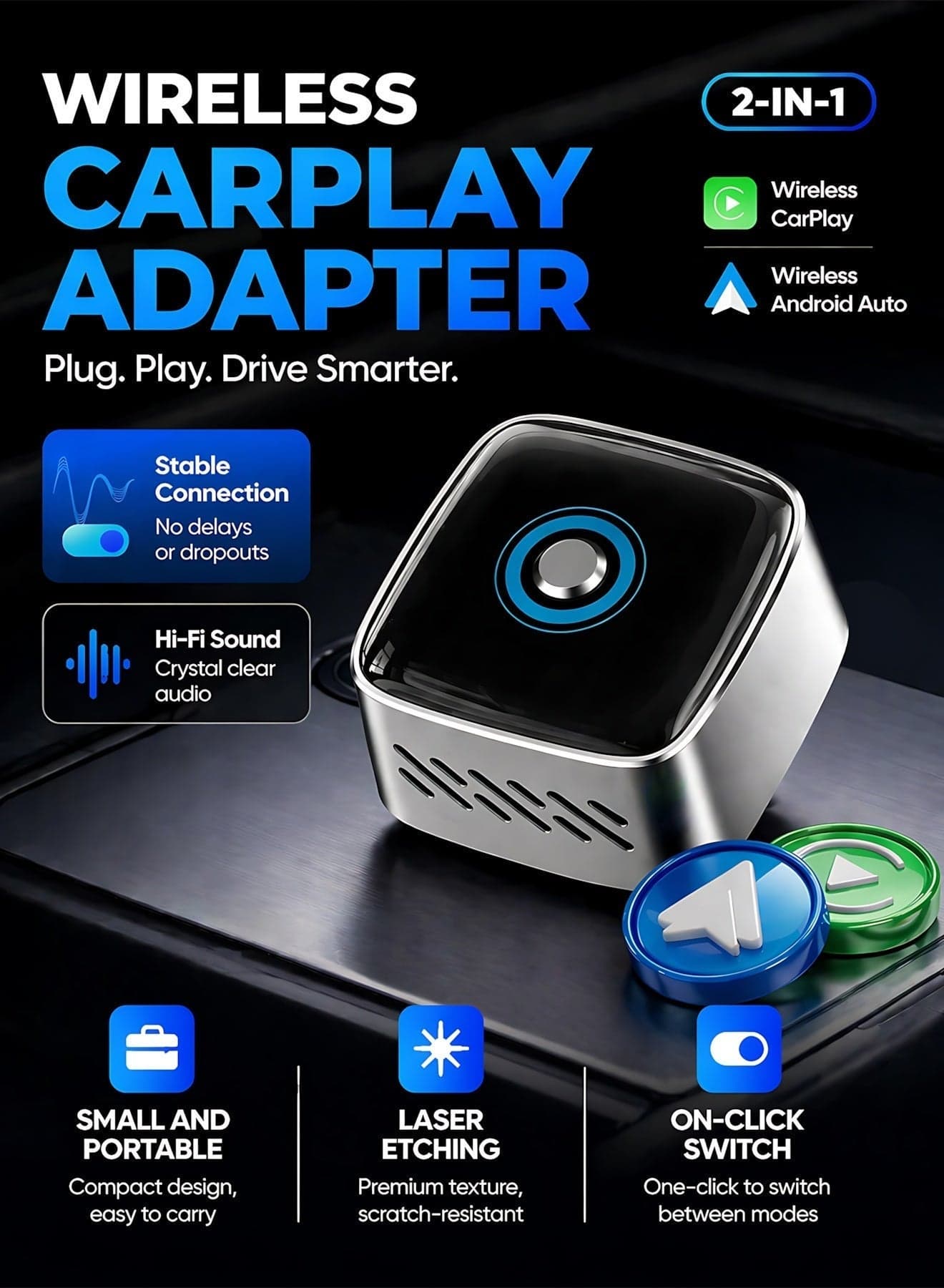 Upgrade Mini 2-in-1 Wireless CarPlay & Android Auto Adapter, Plug & Play Dongle for iPhone & Android,Auto Connect,Wi-Fi 6 & Bluetooth 5.4,with All-in-One Control Button One-Tap Disconnect & Easy Switch, Small & Fast
