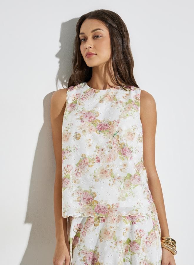 Floral Print Scallop Hem Sleeveless Top