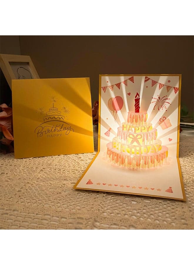 3D Birthday Cards, Play Music Warm LED Light Birthday Cake Card, Music Greeting Cards Gift for Women Mom Wife Sister Girl