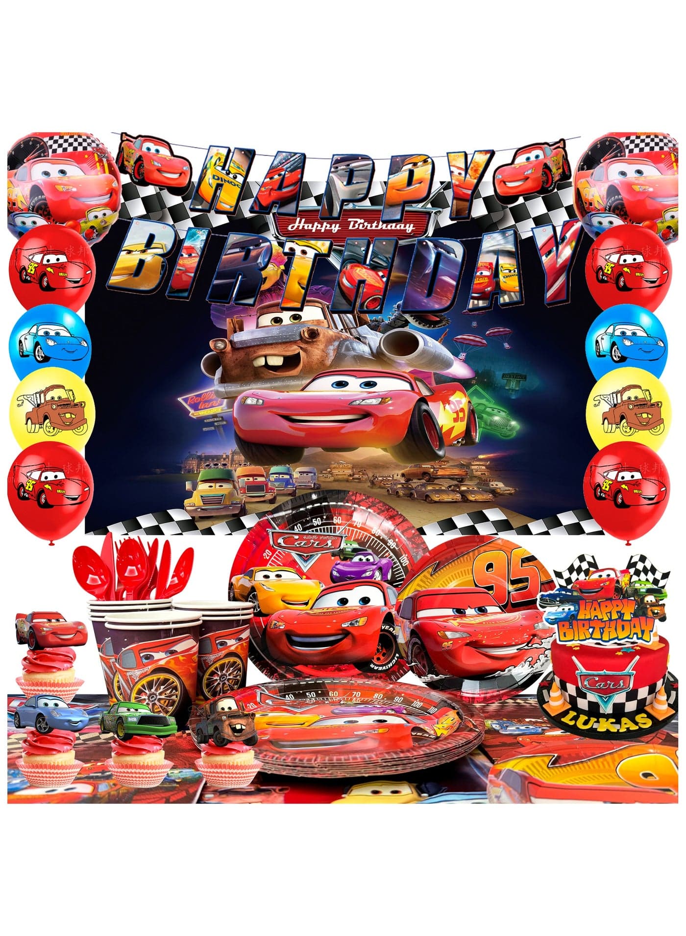 Cars Birthday Party Decorations for 10 Guests, 116pcs Cars Birthday Disposable Party Tableware Set Cars Balloons Banner Lightning Mcqueen Birthday Supplies