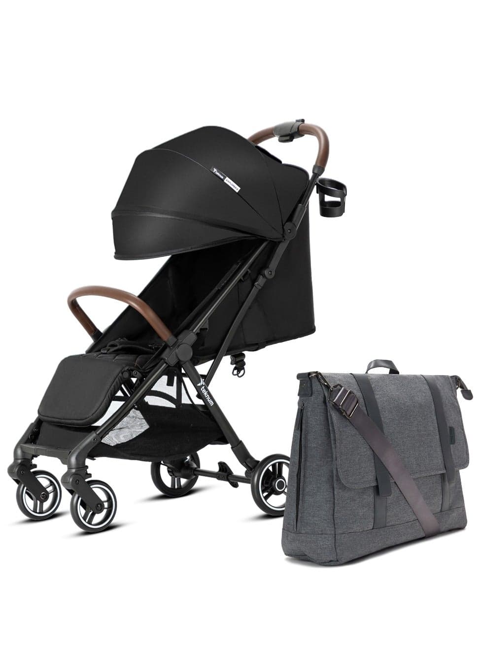 Teknum Travel EXPLORER 2 Auto Fold Stroller with Grey Dad's Diaper Hand Bag - Black