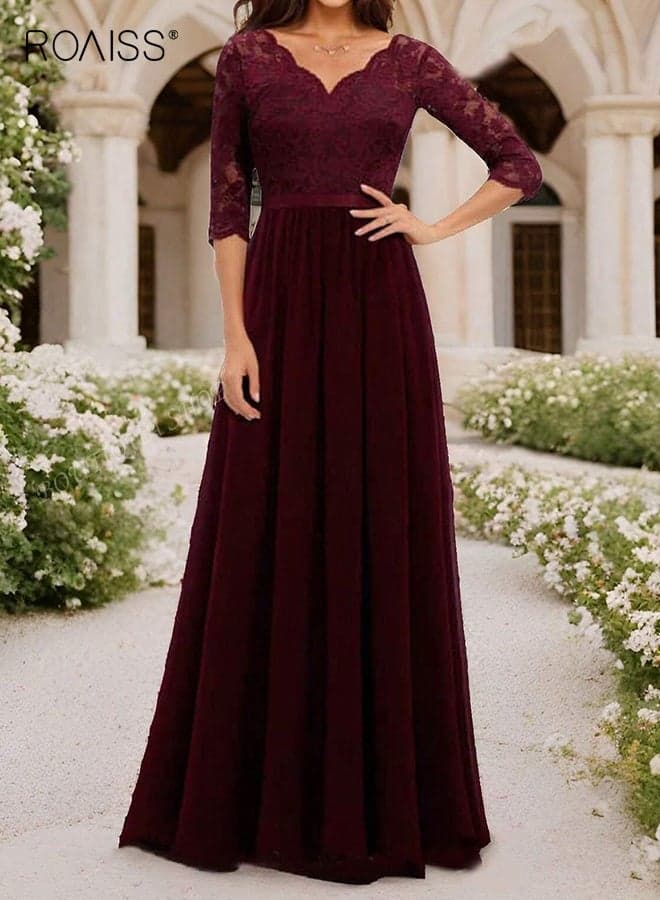 Women Slim-fit Ceremonial Dress with Lace Design, V Neck Elbow Sleeve A-Line Dress with Back Zipper, Stylish Elegant Maxi Dress, Retro Party Frock for Ladies, Perfect for Wedding, Performance or Any Special Occasion