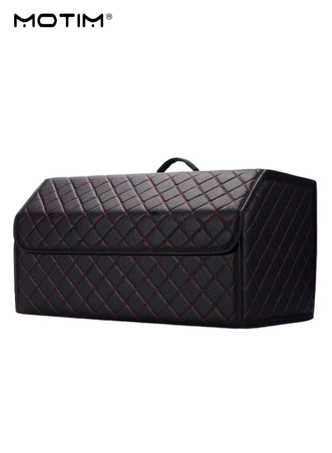 Collapsible Car Trunk Organizer and Storage Box, 55*30*30cm, Multi-Compartment Leather Car Suitcase Car Organizer, Can Be Folded, Perfect for SUV Auto Vehicle, Black Red L