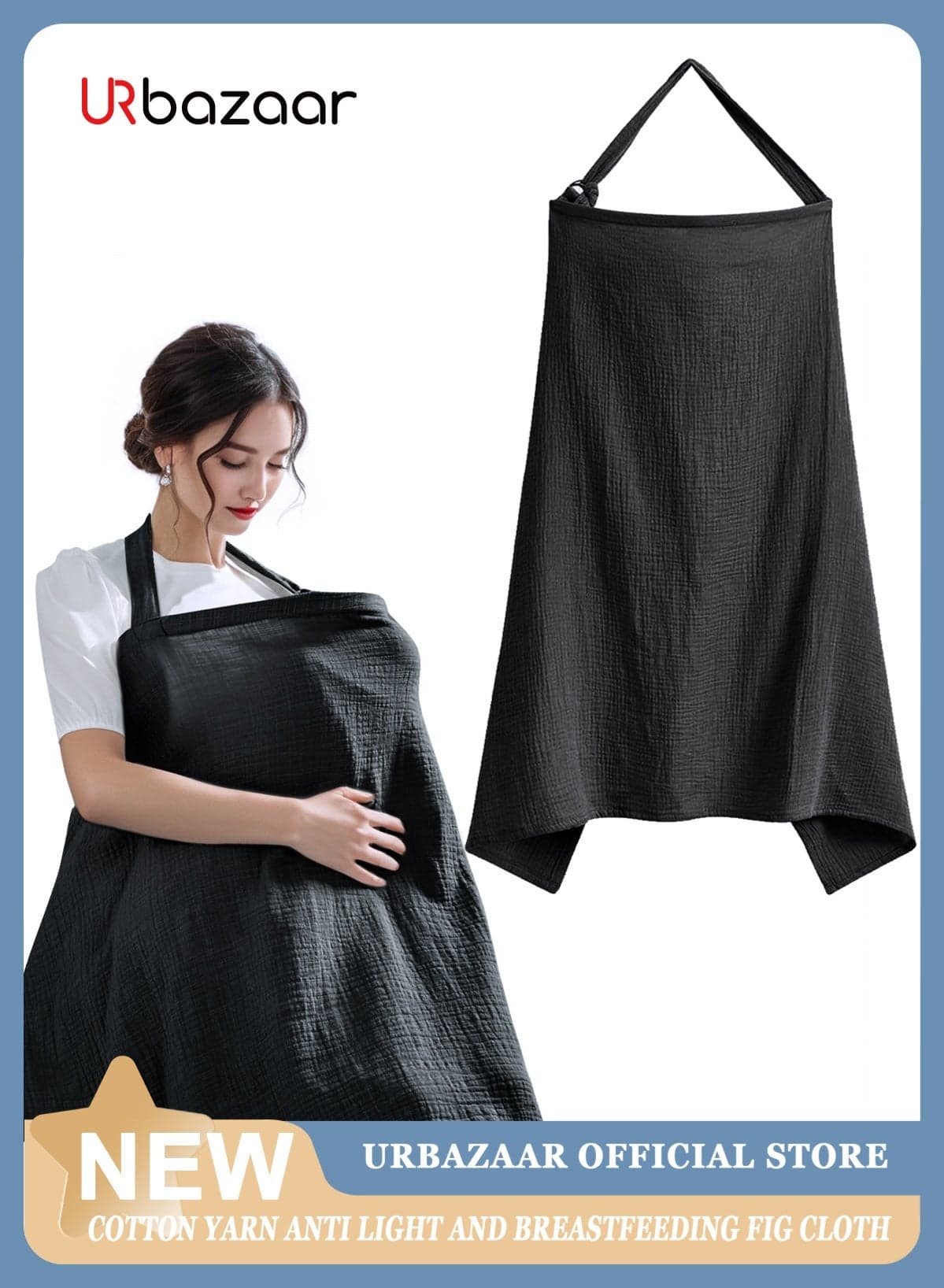 Muslin Nursing Cover for Baby Breastfeeding, Breathable Natural Nursing Cover Made of 100% Cotton with Solid Loop for Mom Nursing Apron, Black