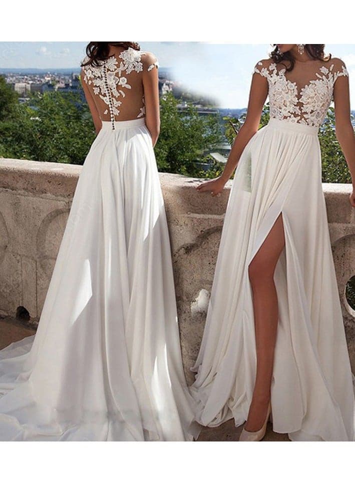 Lace Slit Evening Dress Wedding Dress Sleeveless Elegant Fashionable Bridal Gown