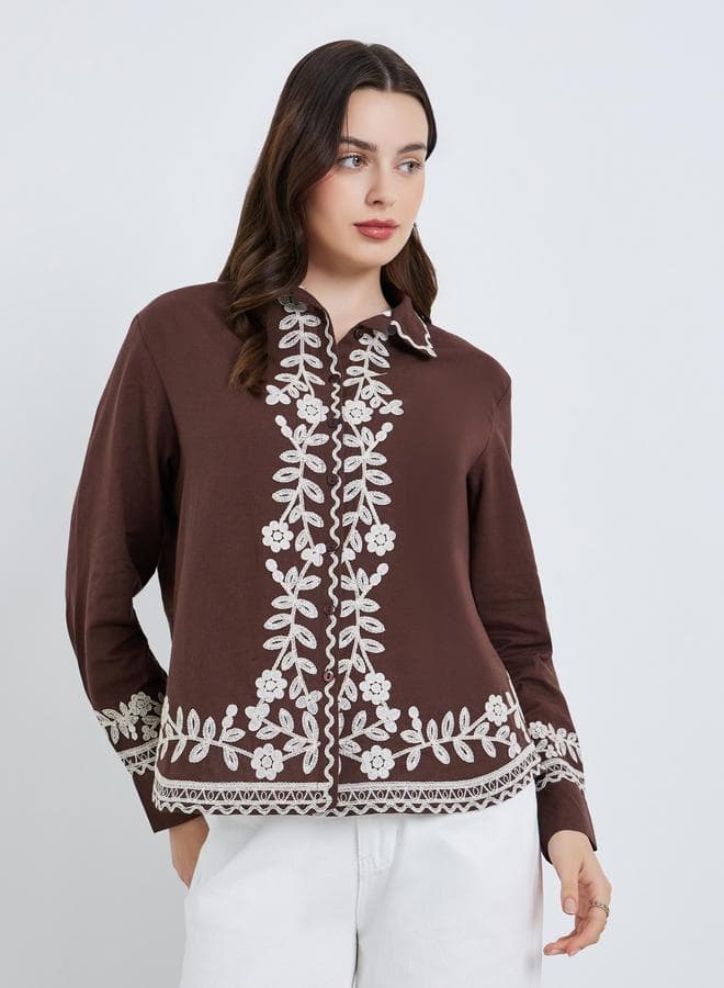 Women Brown Embroidered Long Sleeve Shirt