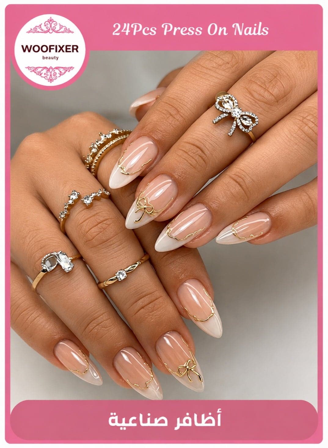 24Pcs Gold Bow Press on Nails, Long Almond White French Tip Fake Nails, 3D Ribbon Charm Design Artificial Finger Nails, Reusable Wedding Manicure Set for Women