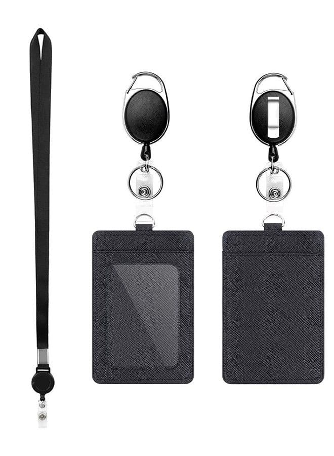 2 Pcs Heavy Duty Retractable Reel Clips Set with Carabiner Clip Detachable Neck Lanyard Strap and Retractable Badge Reel ID Card Holders Vertical Leather ID Card Holder Black
