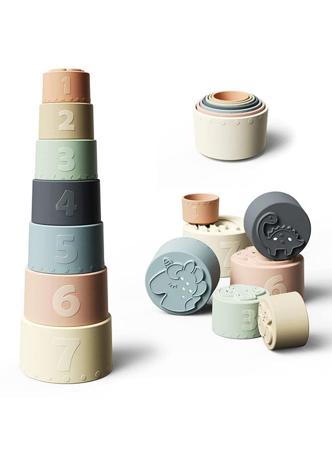 Moonkie Stacking Cups Toy, Fun Educational Baby Toys Silicone Soft Teething Toy, Age 6+ Months, 7 Piece Set