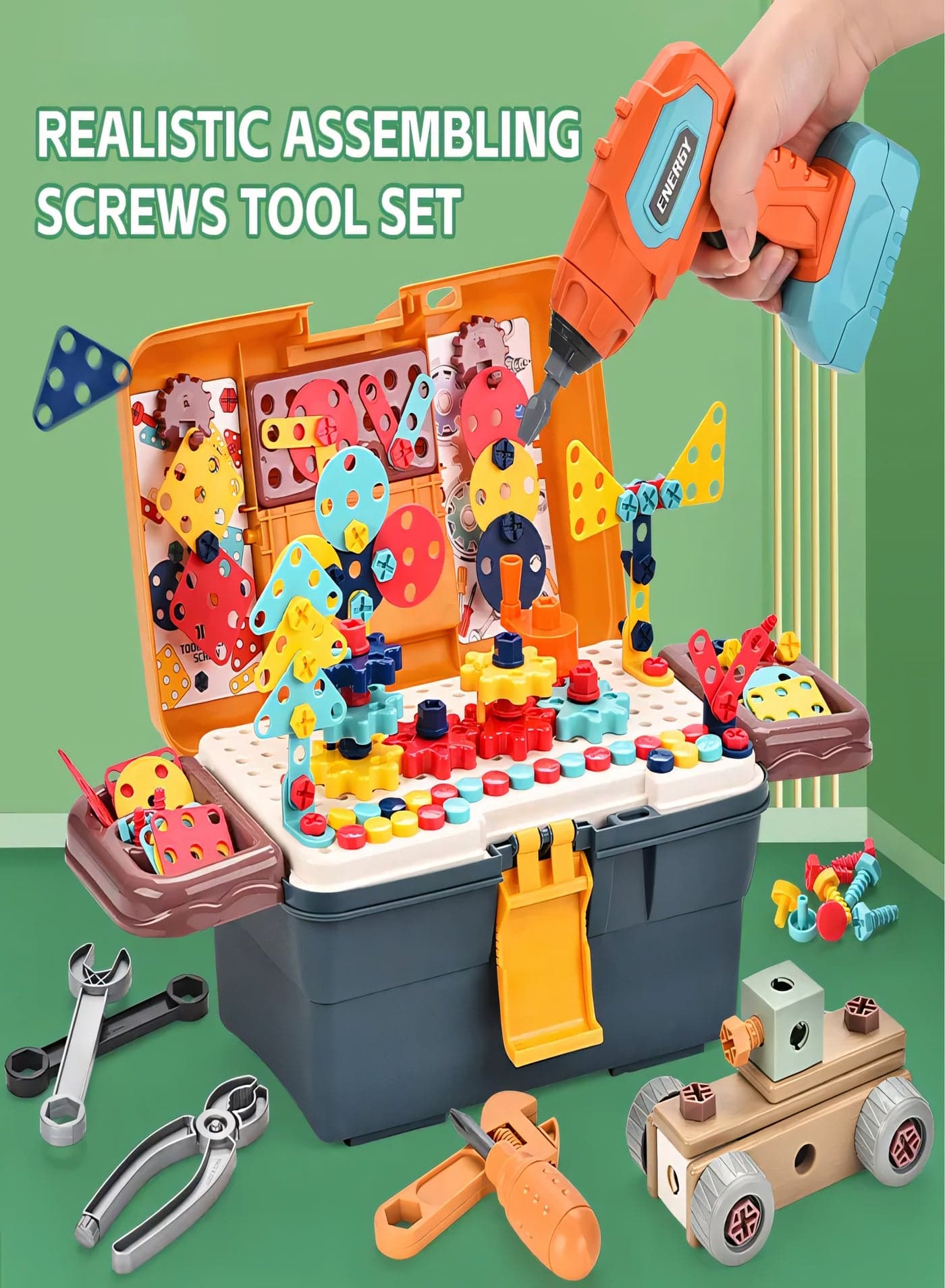 298-Piece Building Block Toy, Early Education STEM Learning Montessori Preschool Toys, with Electric Drill, Screwdriver Toy Power Tools Box Drill and Screw Kit, Magic Construction Play Toolbox for Kids 3+ Years