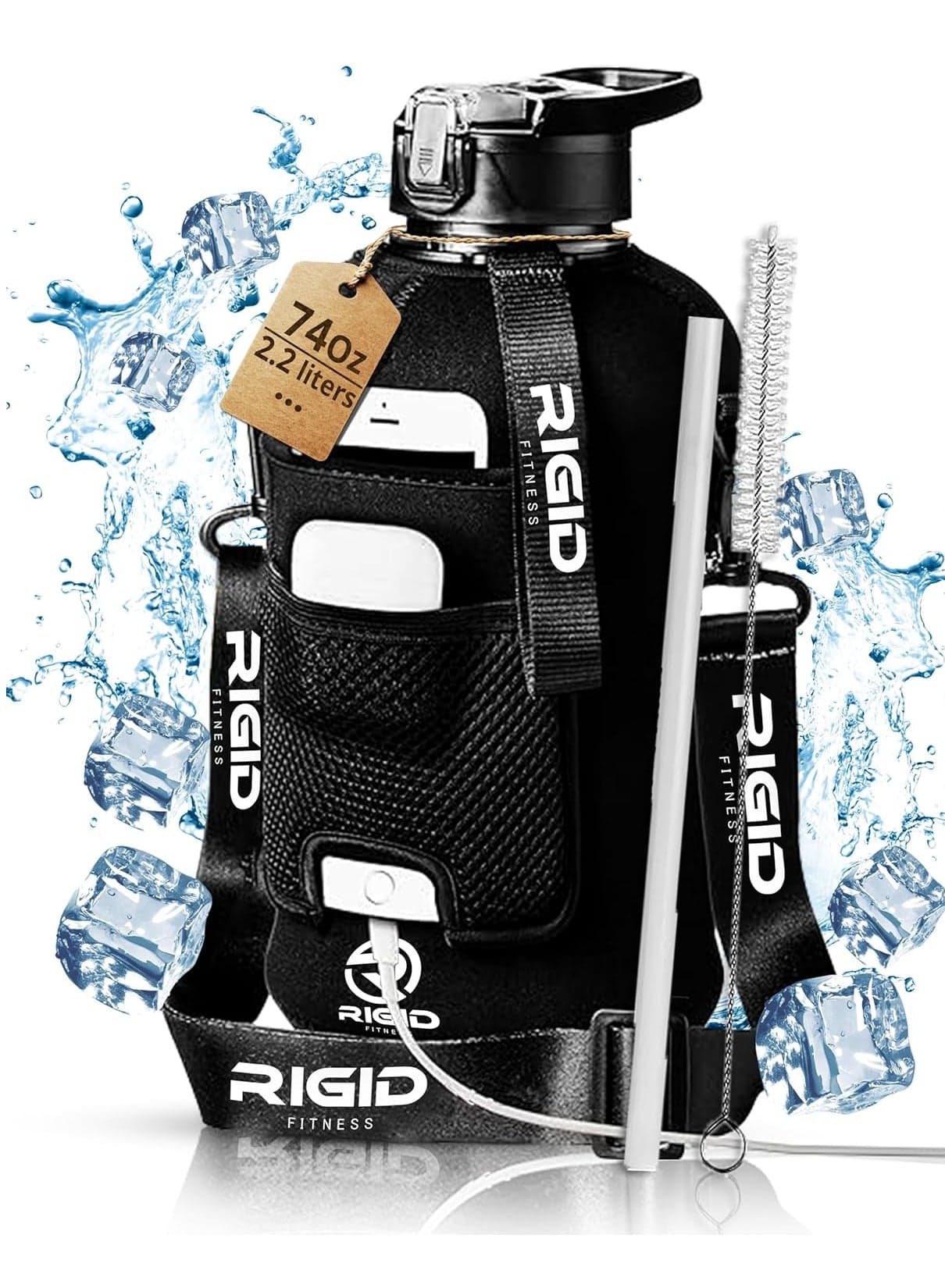 Fitness Gym Bottle & Hydration Jug - Large Water Bottle With Straw, Storage Sleeve For Phone - Bpa-Free & Healthy Sports Bottle For Workout, Hiking, And Daily Use - 2.2L/74Oz (Black)
