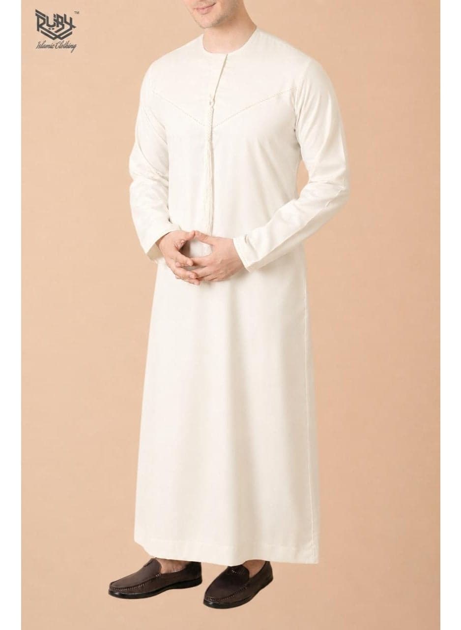 Classic Off White (Light Cream) Emirati Thobe kandura for Men with Intricate Embroidery Men's kandura Kaftan Round Neck Long Sleeve Saudi Arabian Muslin Robe