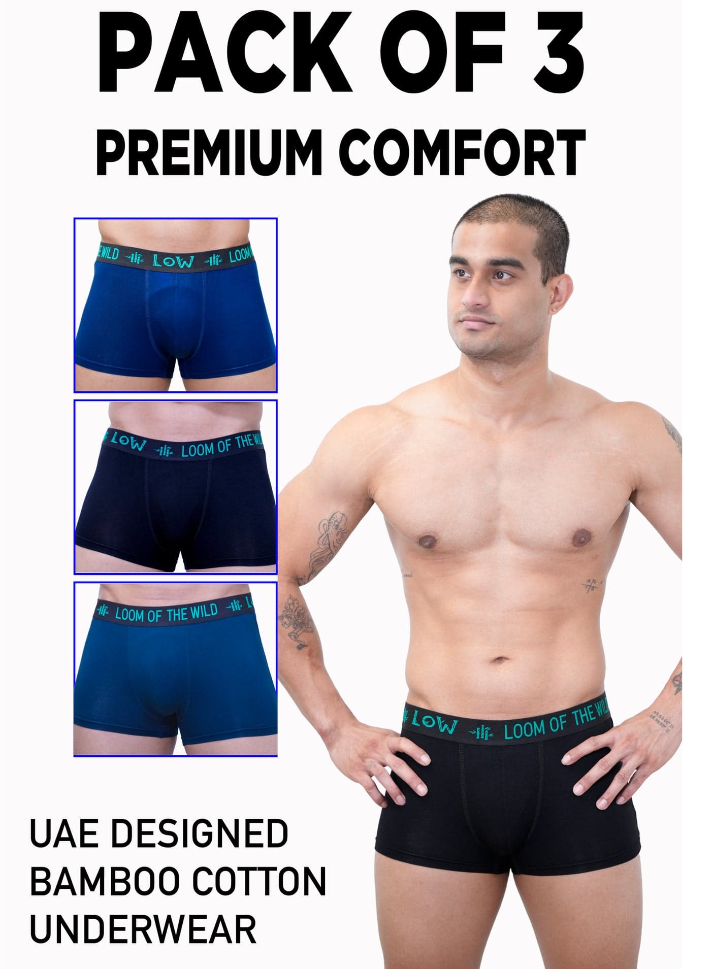 3 Pack Men’s Premium organic Bamboo Cotton Boxer Briefs Trunk Style – (Black, Caribbean Sea & Green) | Ultra-Soft Organic-Feel Bamboo Cotton Underwear for Men | Antibacterial, Anti-Odour, Breathable & Moisture-Wicking | No Ride-Up, Gentle Stretch | Designed in UAE for the Hot & Humid Gulf Climate | Wear Organic Where It Matters Most – Everyday Comfort for Work, Gym & Travel
