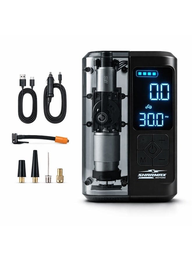 SHARMAX Portable Air Compressor, 150 PSI Electric Tyre Inflator, Rechargeable Car Pump with 3m Cord