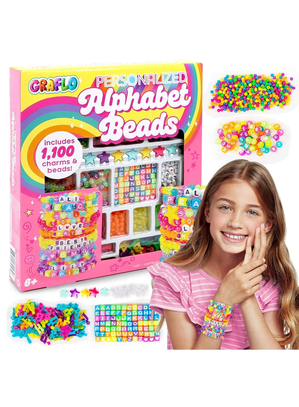 Bracelet Making Kit for Girls, 1000+ Charms & Beads, Alphabet Charms, Accent Seed Star Wax Beading Cord, Satin Cord Key Ring Included, Bright, Learning Toy Gift for Adolescent & Kids, for 6-12
