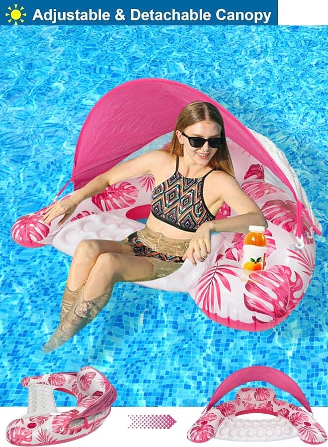 Inflatable Pool Float with Canopy Raft Floaties Water Floating Chair Pool Chair Lounge Float with Adjustable Sun Shade Cover 2 Cup Holder Ergonomic Headrest Inflatable Pool Float for Adults (Pink)