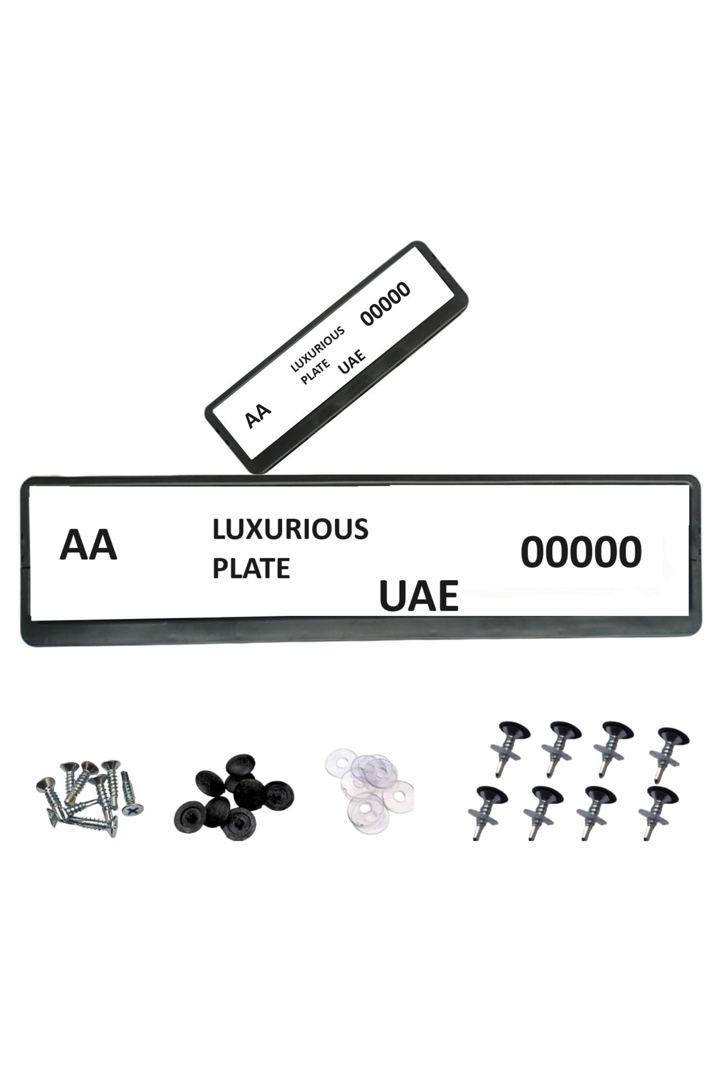 Luxurious Car Number Plate Frame Holder | Long & Mini License Frames for Sports & Luxury Cars | 2 Pieces with 8 Screws | Sizes 31x10 cm & 53x13 cm | Premium Plate Cover for All Emirates – UAE