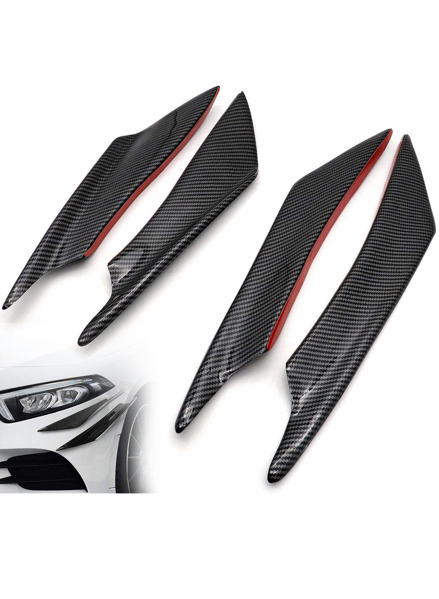 Car Front Bumper Spoiler, Universal Carbon Fiber Pattern Lip Fin Splitter, Spoiler Modified Decoration (2 Large and 2 Small)