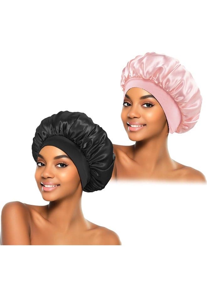 2Pcs Silk Bonnet for Sleeping, Satin Hair Bonnets, Soft Elastic Band Silk Sleep Cap, Hair Wrap for Women(Black&Pink)