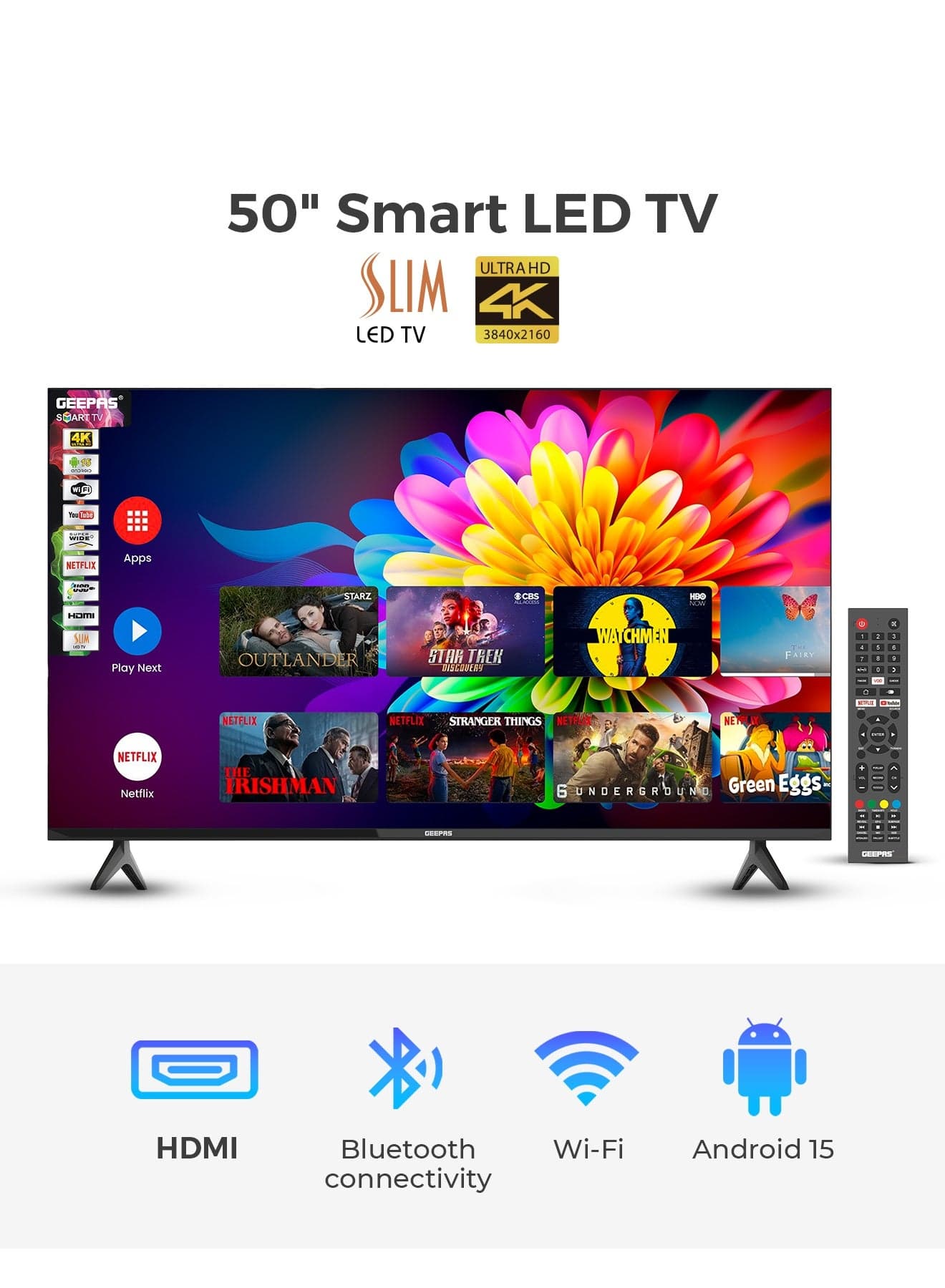 50-inch 4K Ultra HD LED TV Android Powered Smart TV | Advanced HQ Sound with Remote Control, Multiple Ports like HDMI, USB, AV-IN, Headphone Jack | Wi-Fi, Screen Mirroring, Slim and Frameless Design | GLED5028SEFHD Black GLED5028SEFHD Black