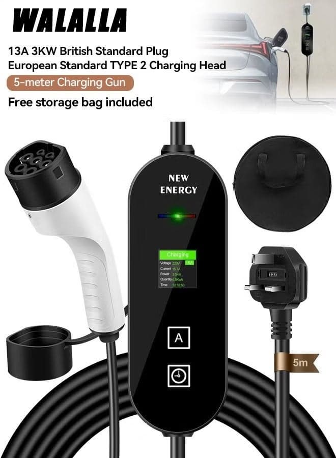 New Energy EV Car Charger, 13A 3.5KW Portable Electric Vehicle Charger with LED Screen Intelligent Temperature Control, Anti-Theft Charging Equipment, Plug and Play, UK Plug, 5m Cable Length and Storage Bag