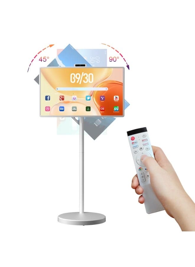 32 Inch Portable Smart TV, 1080P Touchscreen Android 15 Monitor on Wheels, 5MP Camera, 4-6H Battery, 8+128GB Storage, Voice/Airmouse Remote Control, Rotatable Display for Home/Office/Outdoor