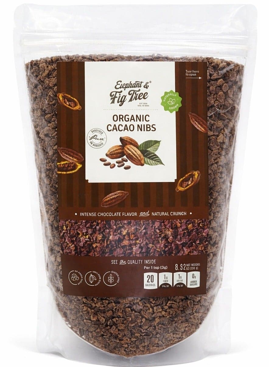 Elephant & Fig Tree Organic Cocoa Nibs 250g (8.82oz) | 100% Pure Crushed Cocoa Beans | Vegan Superfood | Rich in Antioxidants & Fiber | Perfect for Smoothies, Yogurt, Açaí Bowls & Baking