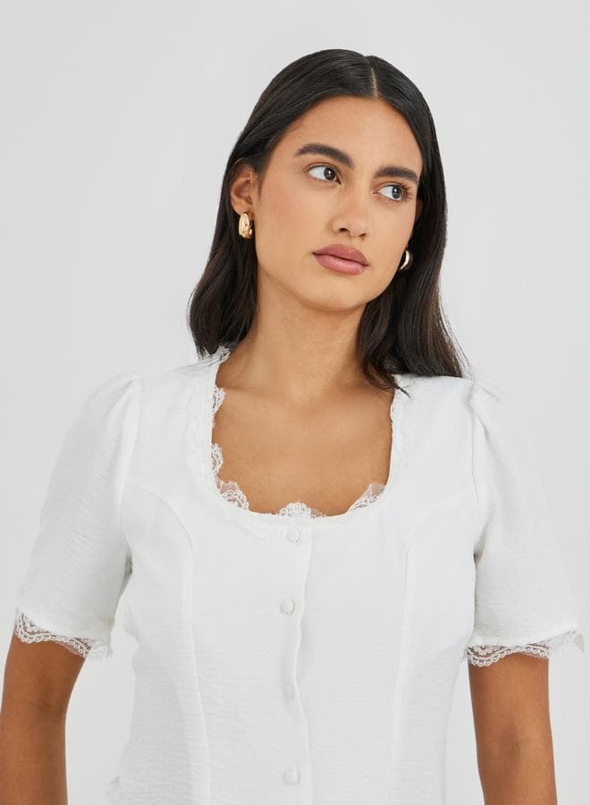Cotton Lace Trim Square Neck Buttoned Blouse