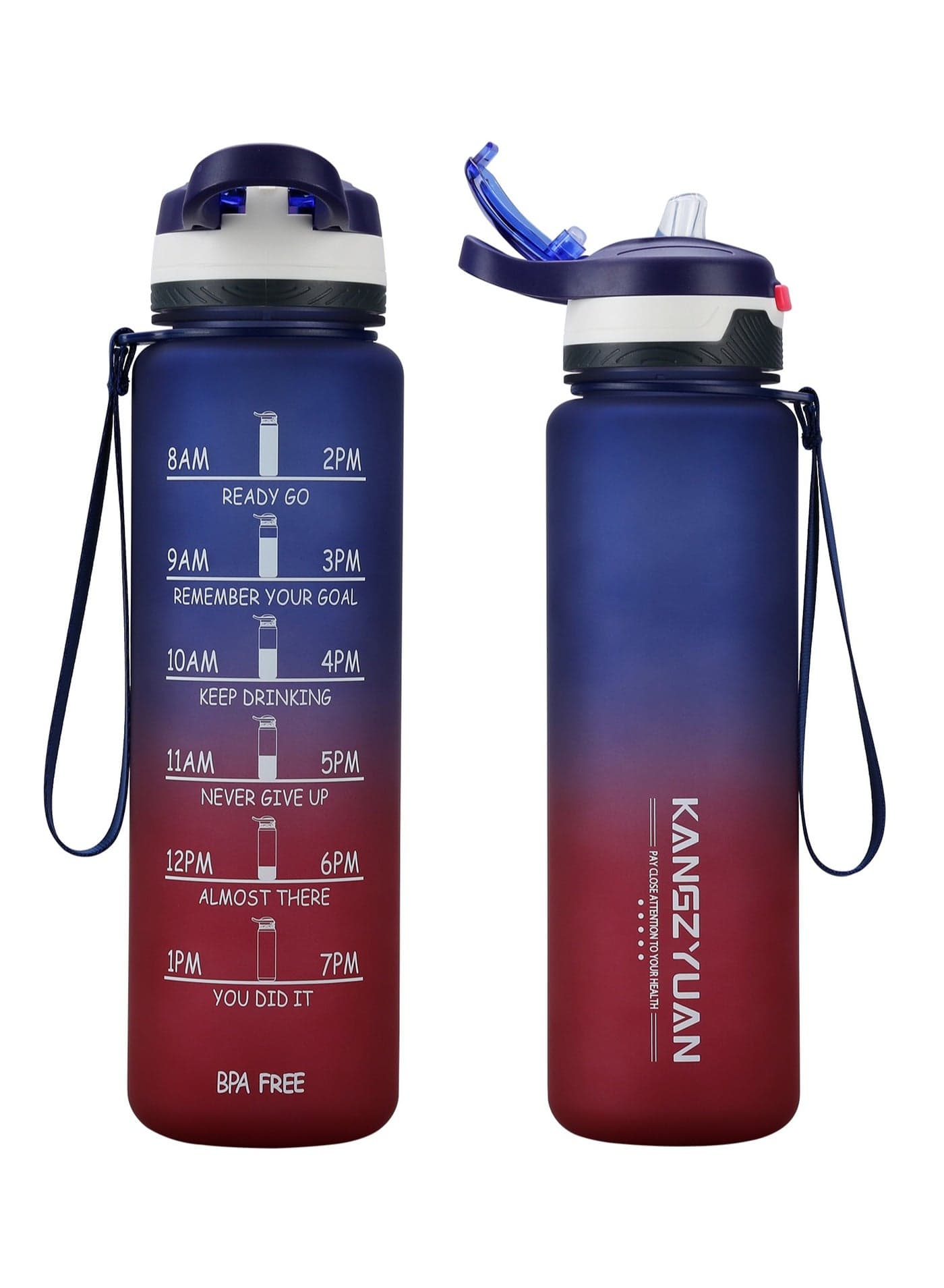 Straw Sports Water Bottle With Time Marker for Fitness Gym Camping Outdoor Sports Protein Shaker Outdoor Travel Portable Leakproof Drinkware Drink Bottle BPA Free 1000mL Blue Red