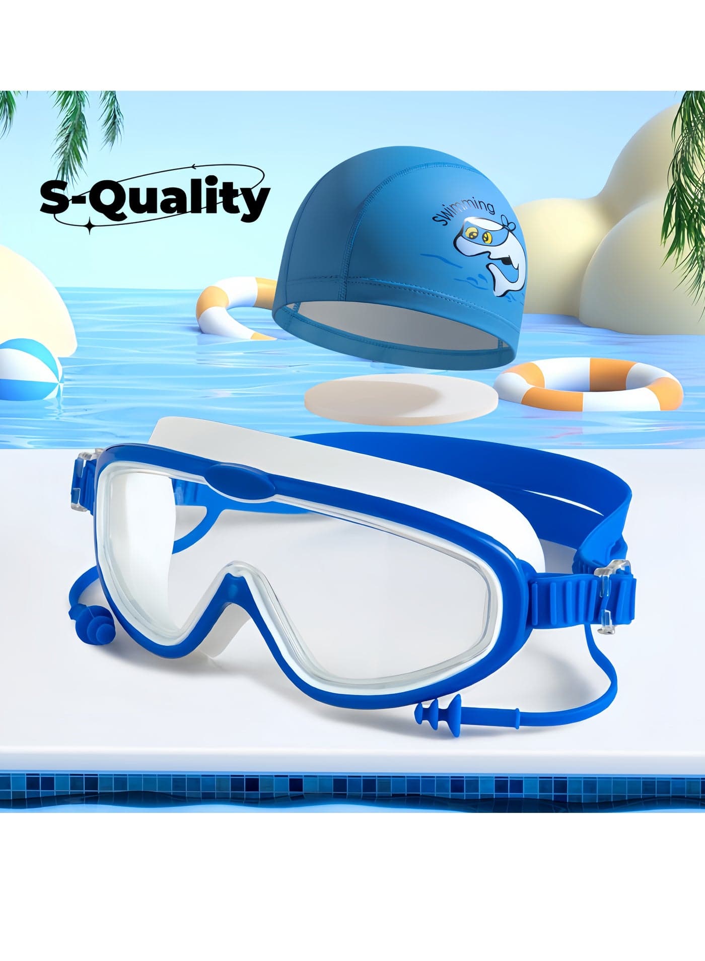 Kids Swimming Goggles and PU Cap Set – Wide View, Anti-Fog, Waterproof for Boys and Girls