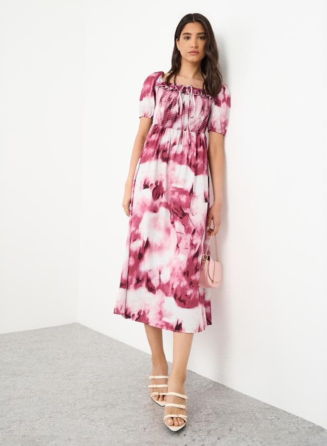Take Two All-Over Printed Smocking Detail Midi Dress
