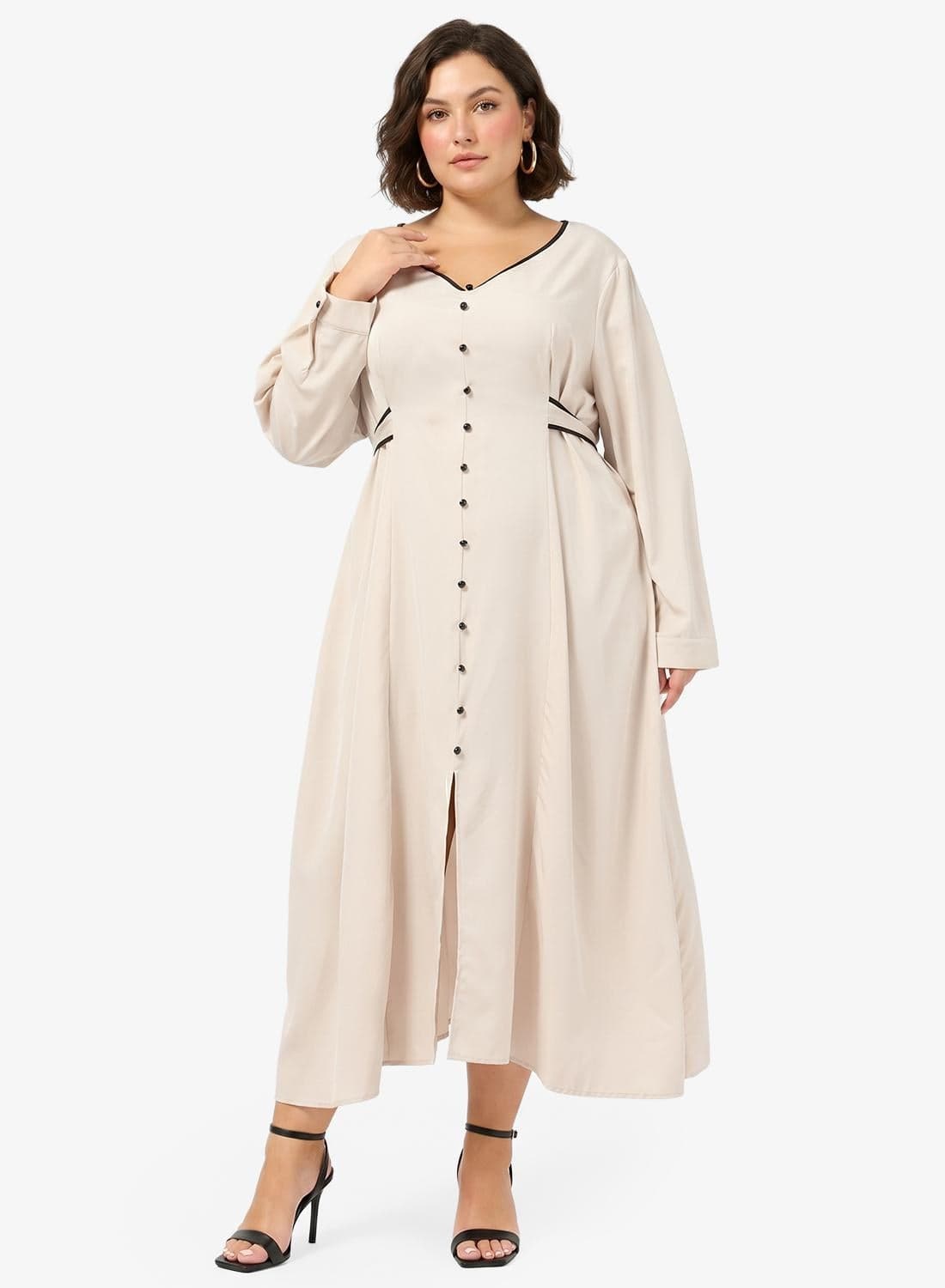Contrast Trim Button Detail A Line Dress
