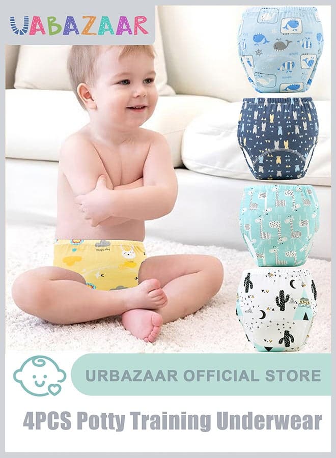 Baby Potty Training Underwear for Boys and Girls, 4 Pack Absorbent Training Pants for Toddlers with Printed Reusable Cotton Toilet Training Pants for 12-18kg Kids (2-4 Years/110 yards)
