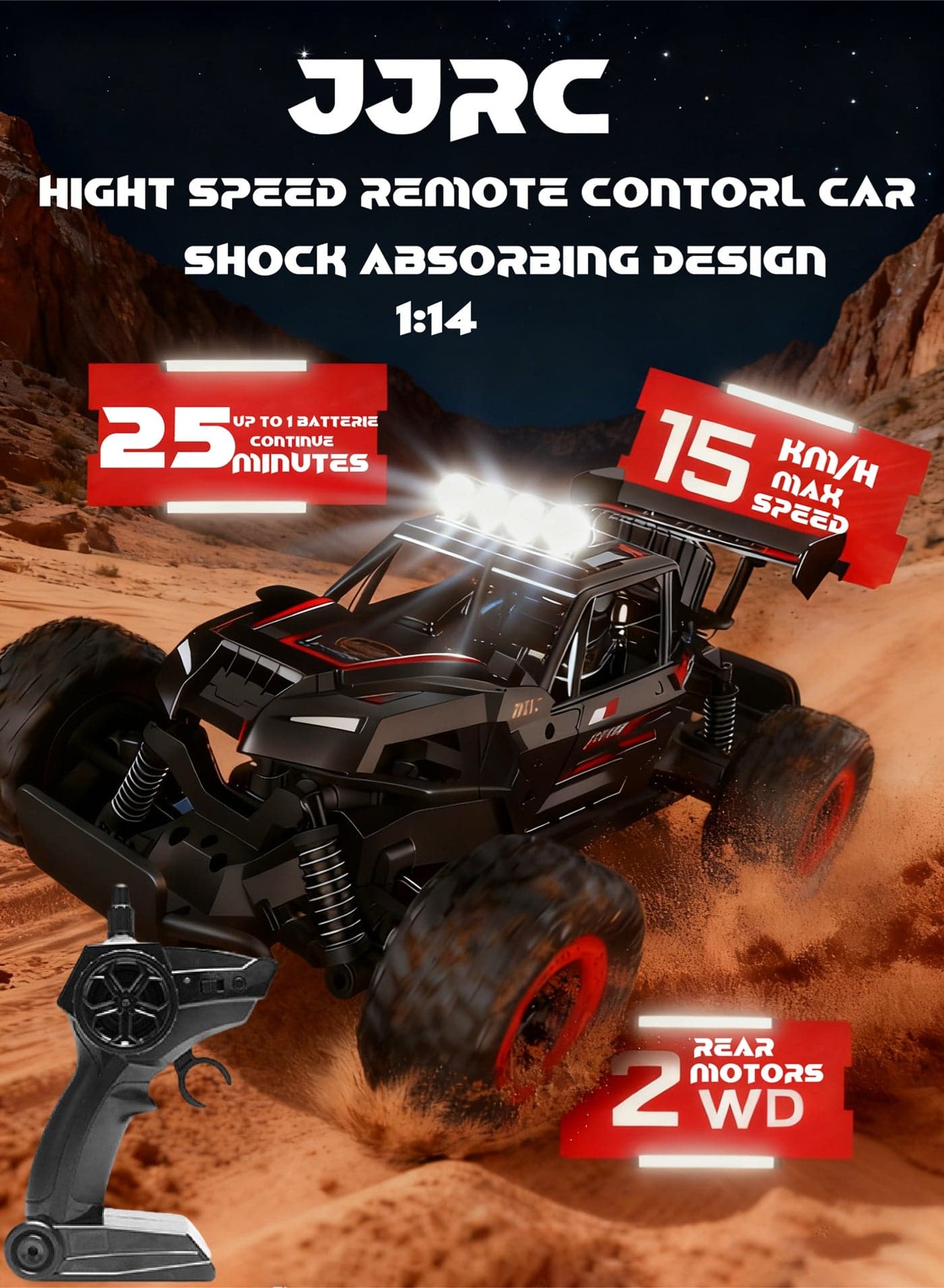 RC Cars Remote Control Car 1:14 Off Road Monster Truck 2WD Off-Road Climbing Vehicle LED Headlight Rock Crawler,2.4Ghz All Terrain Hobby Truck,Boy Adult Gifts