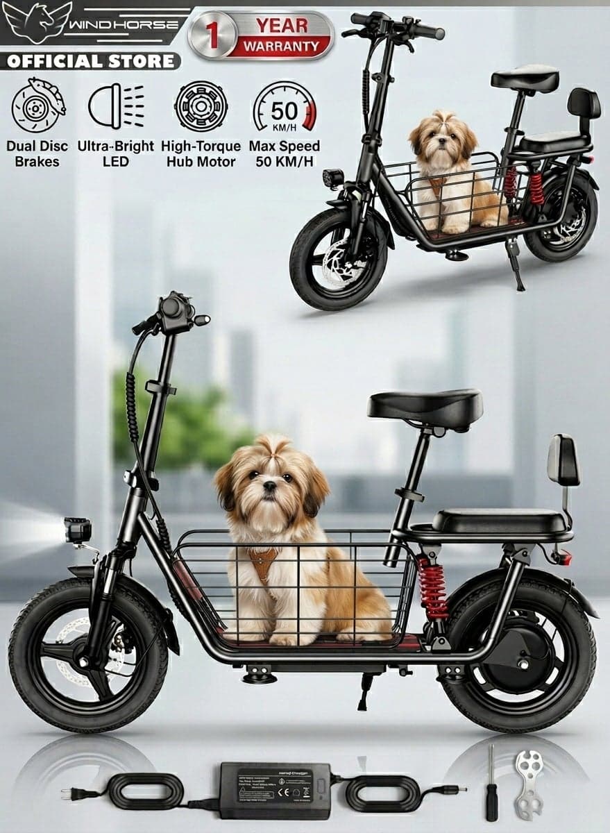 Electric Scooter 500W Motor (Peak Power 850W) with Dual Seat, 48V10Ah Battery, 50KM/H Speed, 40KM Range, Dual Suspension and Storage Basket, E-Scooter
