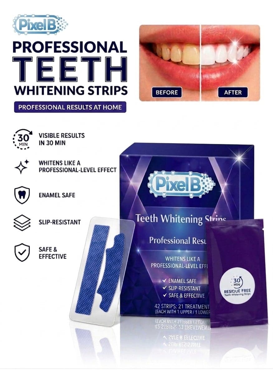 Pixel B Professional Teeth Whitening Kit, Fast Whitening Strips, Enamel Safe, Peroxide Free, 42 Strips (21 Treatments)