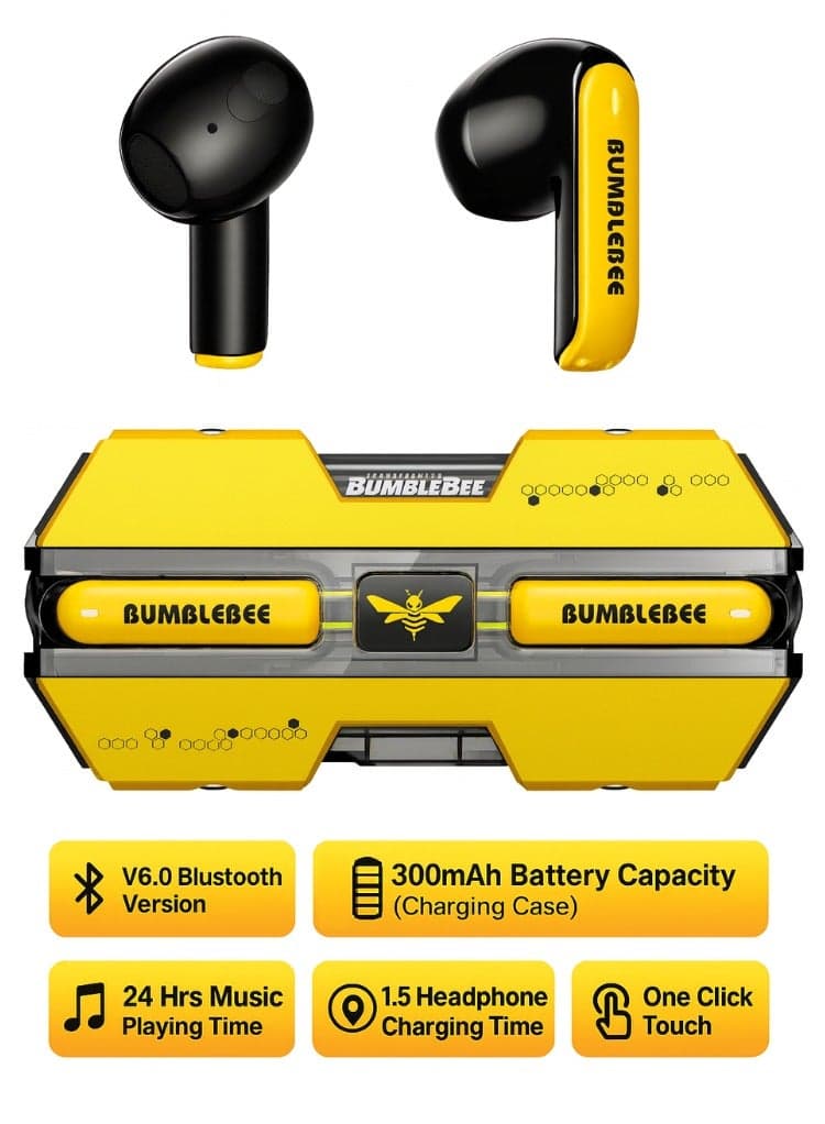 True Wireless Earbuds, Bluetooth Earphones with Deep Bass, Smart Noise Cancelling Mic, IPX5 Waterproof in-Ear Earphones for Android & iOS TF-T01 Yellow Bumblebee Edition