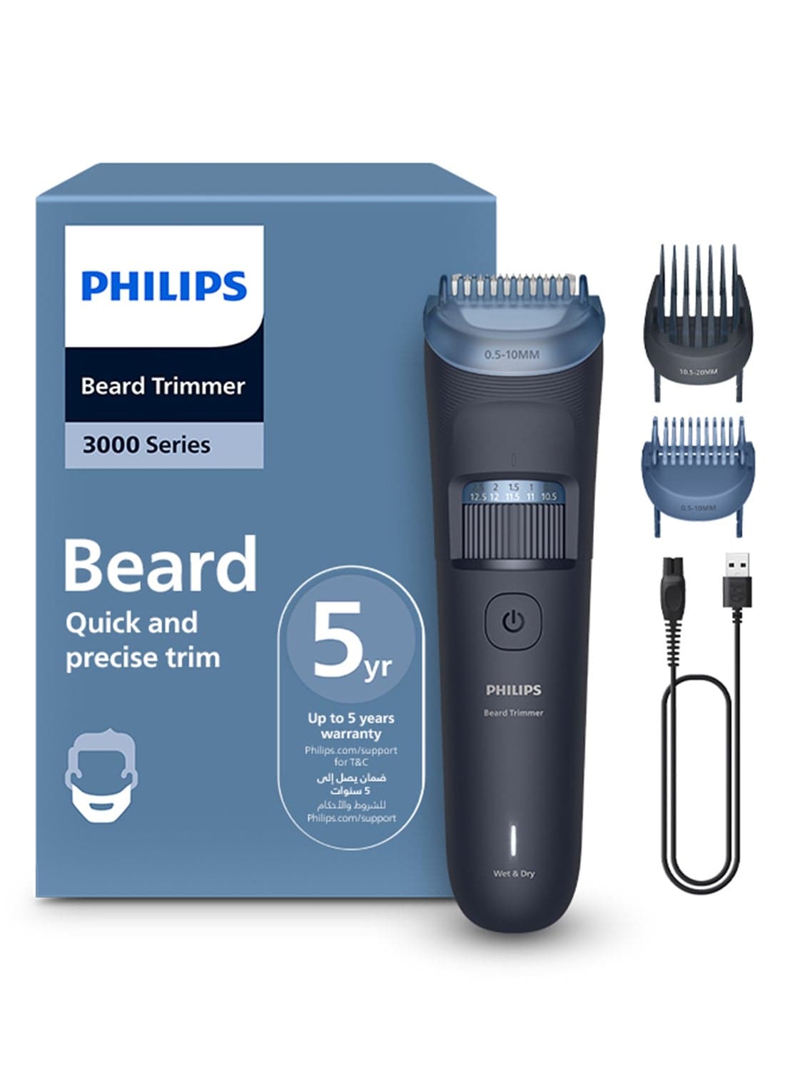 Beard Trimmer BT3665/15 | 40 length settings 0.5–20 mm | Comb lifts hairs for an even trim | 100% washable | 80 min cordless | USB-A charging | Battery indicator Blue