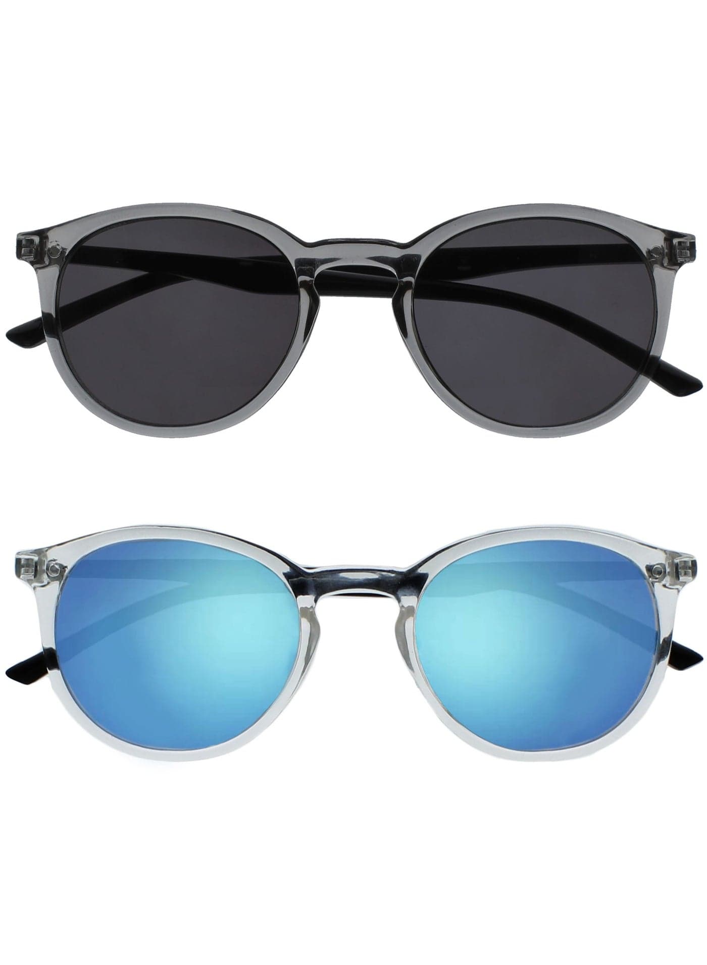 MET Fashion Sunglasses for Women Men - Value 2 Pack - Slim Round Frame - Tinted UV400 Protection Lens - Spring Hinges - Grey Clear